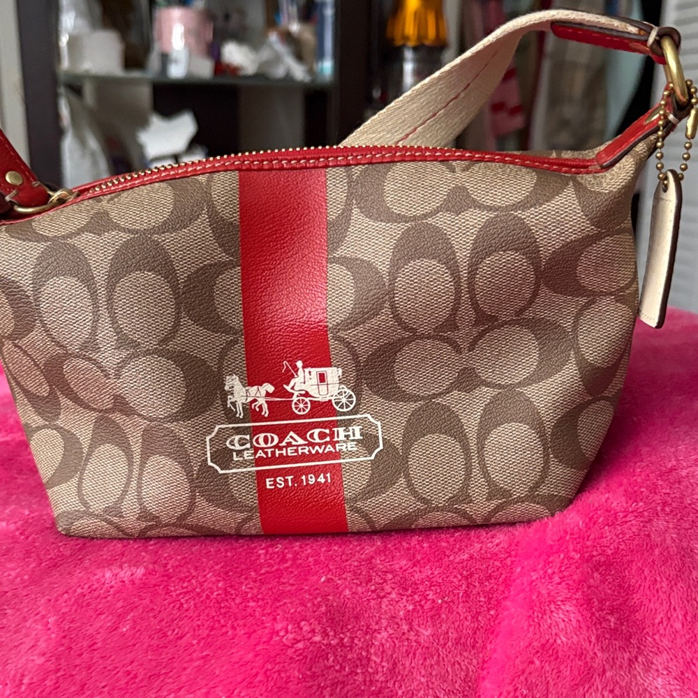 Coach Brown Signature Canvas Cosmetic Pouch with Red Center Stripe